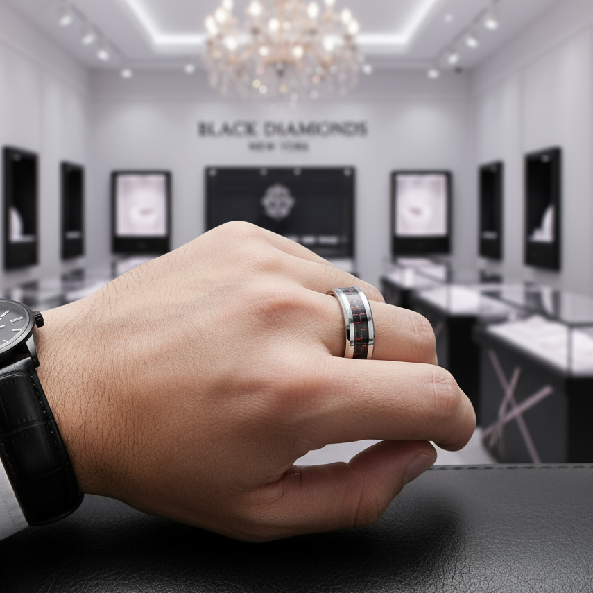 Men's Tungsten Wedding Band with Woven Pattern Inlay-Black Diamonds New York