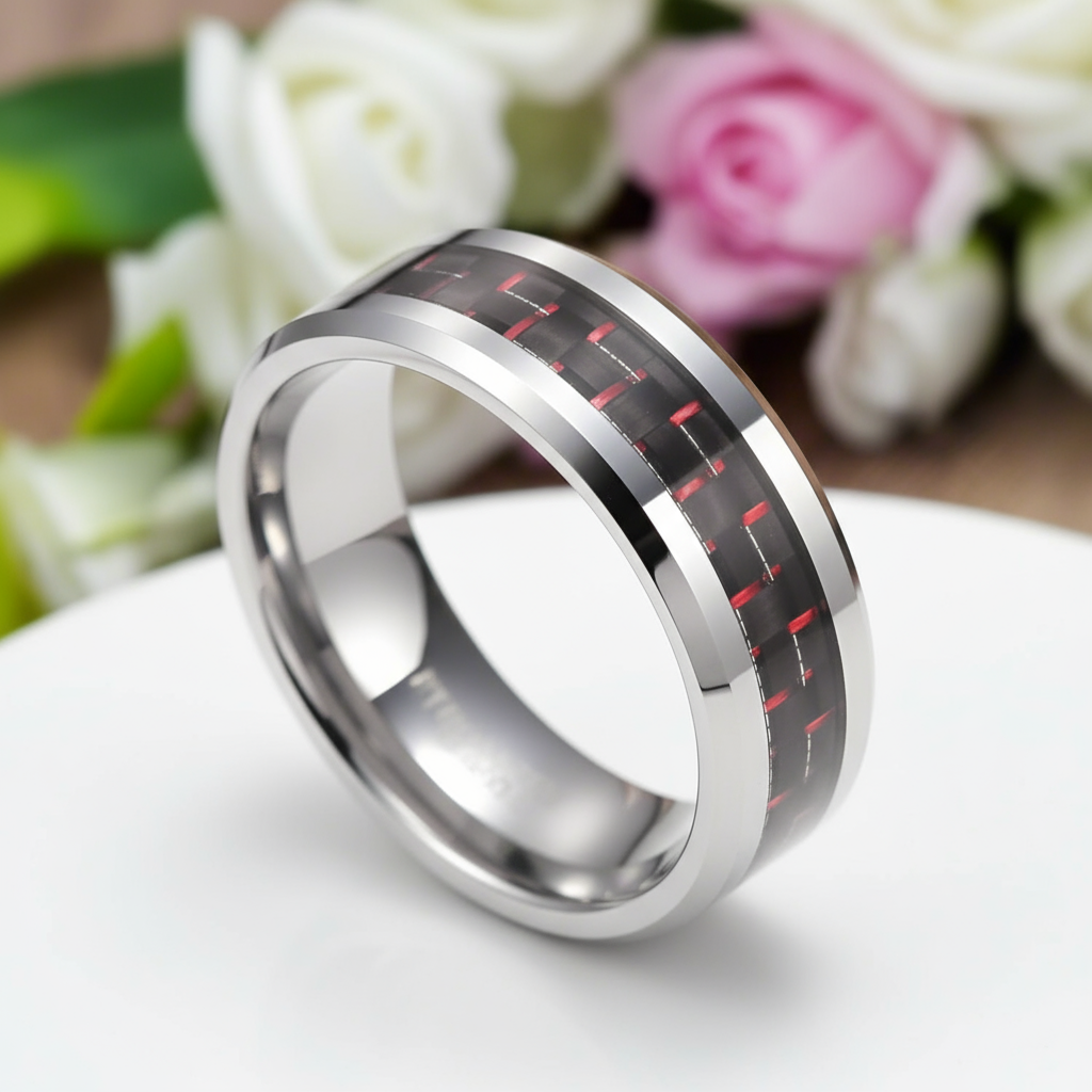 Men's Tungsten Wedding Band with Woven Pattern Inlay-Black Diamonds New York