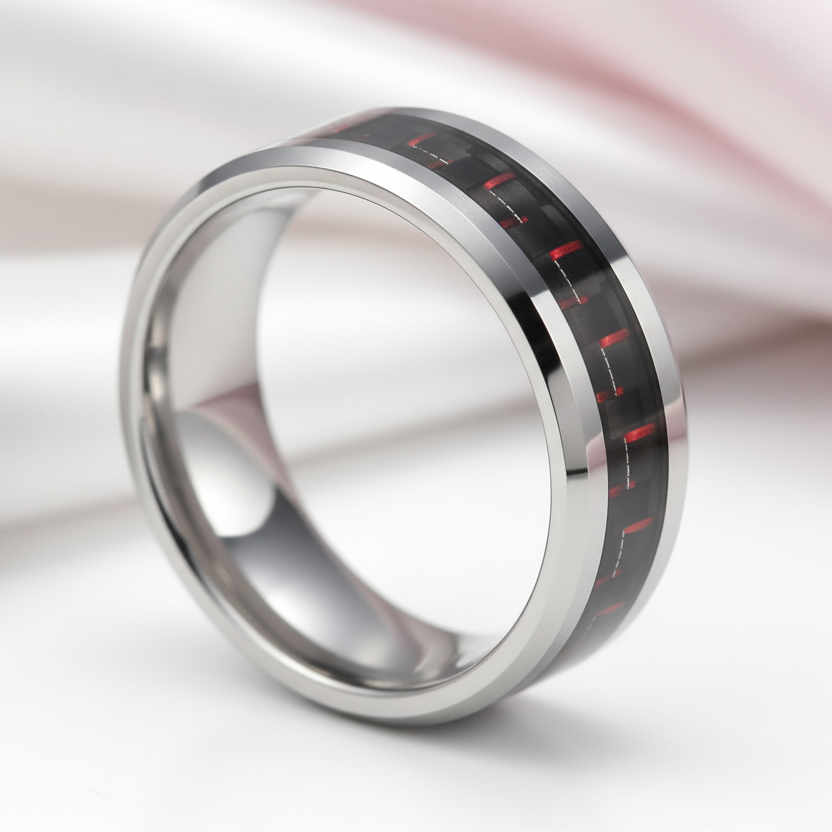 Men's Tungsten Wedding Band with Woven Pattern Inlay-Black Diamonds New York