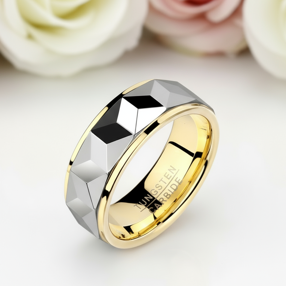 Men's Wedding Band 8mm Tungsten Carbide Gold and Gray-Black Diamonds New York