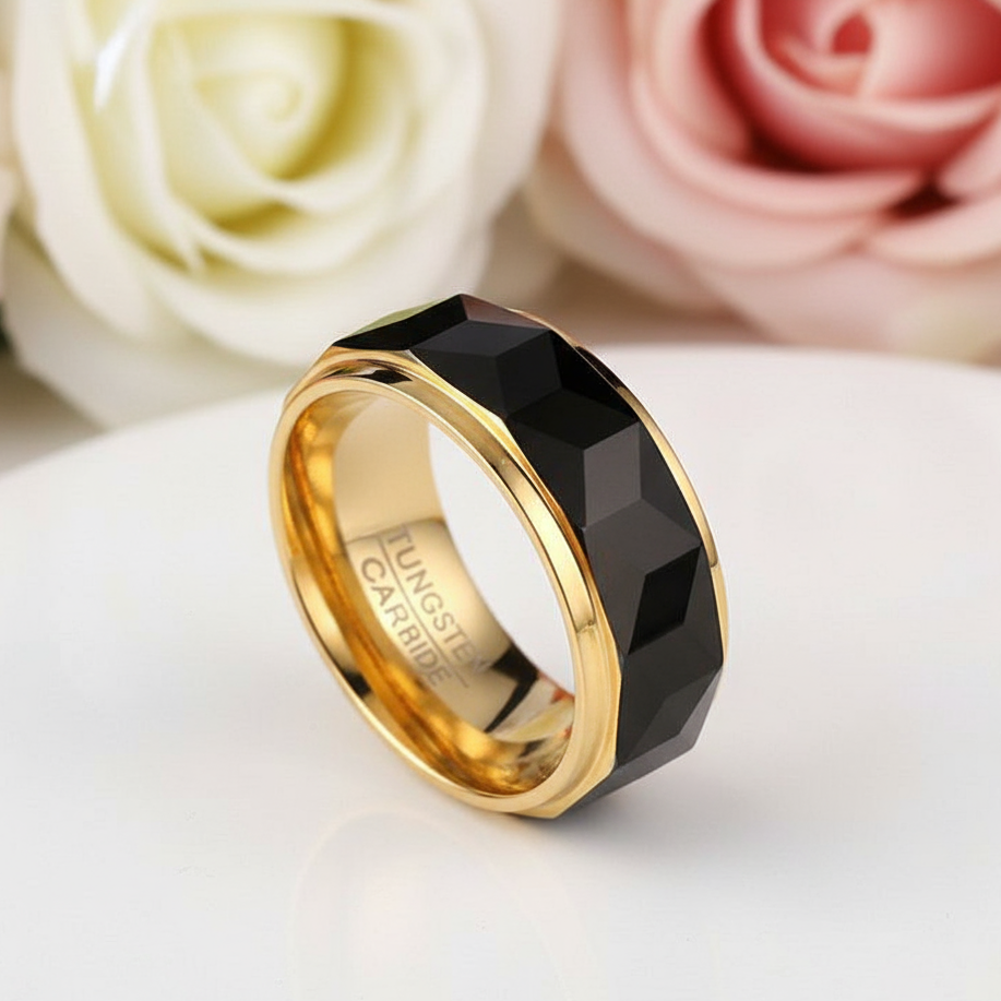 Men's Wedding Band 8mm Tungsten Carbide Gold and Gray-Black Diamonds New York