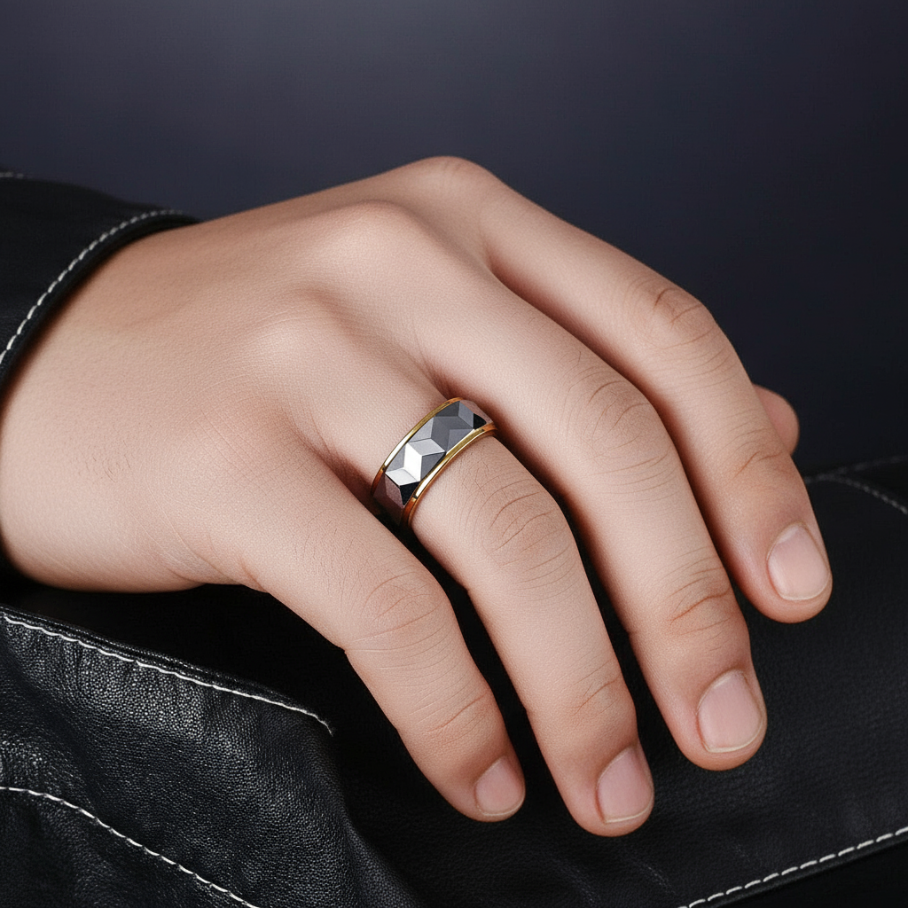 Men's Wedding Band 8mm Tungsten Carbide Gold and Gray-Black Diamonds New York