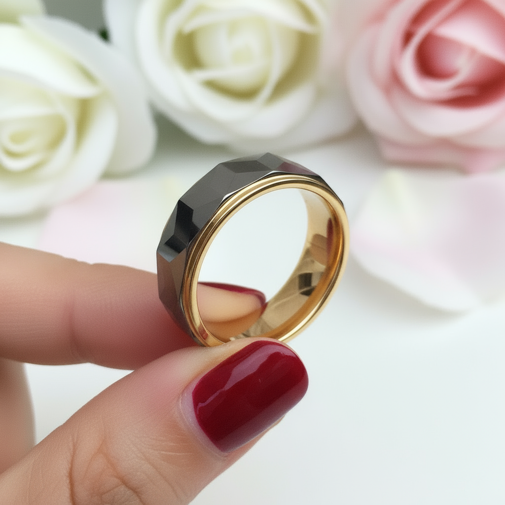 Men's Wedding Band 8mm Tungsten Carbide Gold and Gray-Black Diamonds New York