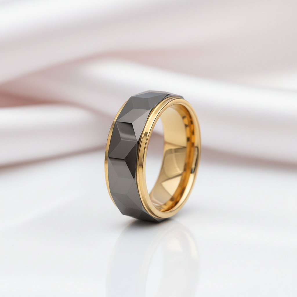Men's Wedding Band 8mm Tungsten Carbide Gold and Gray-Black Diamonds New York