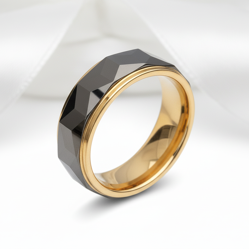 Men's Wedding Band 8mm Tungsten Carbide Gold and Gray-Black Diamonds New York