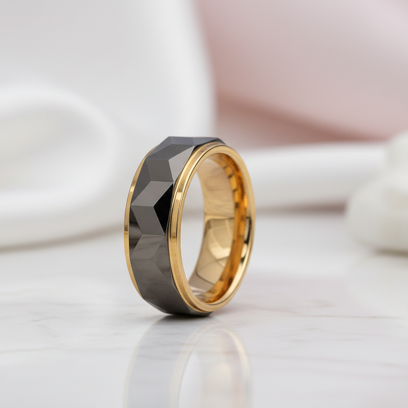 Men's Wedding Band 8mm Tungsten Carbide Gold and Gray-Black Diamonds New York