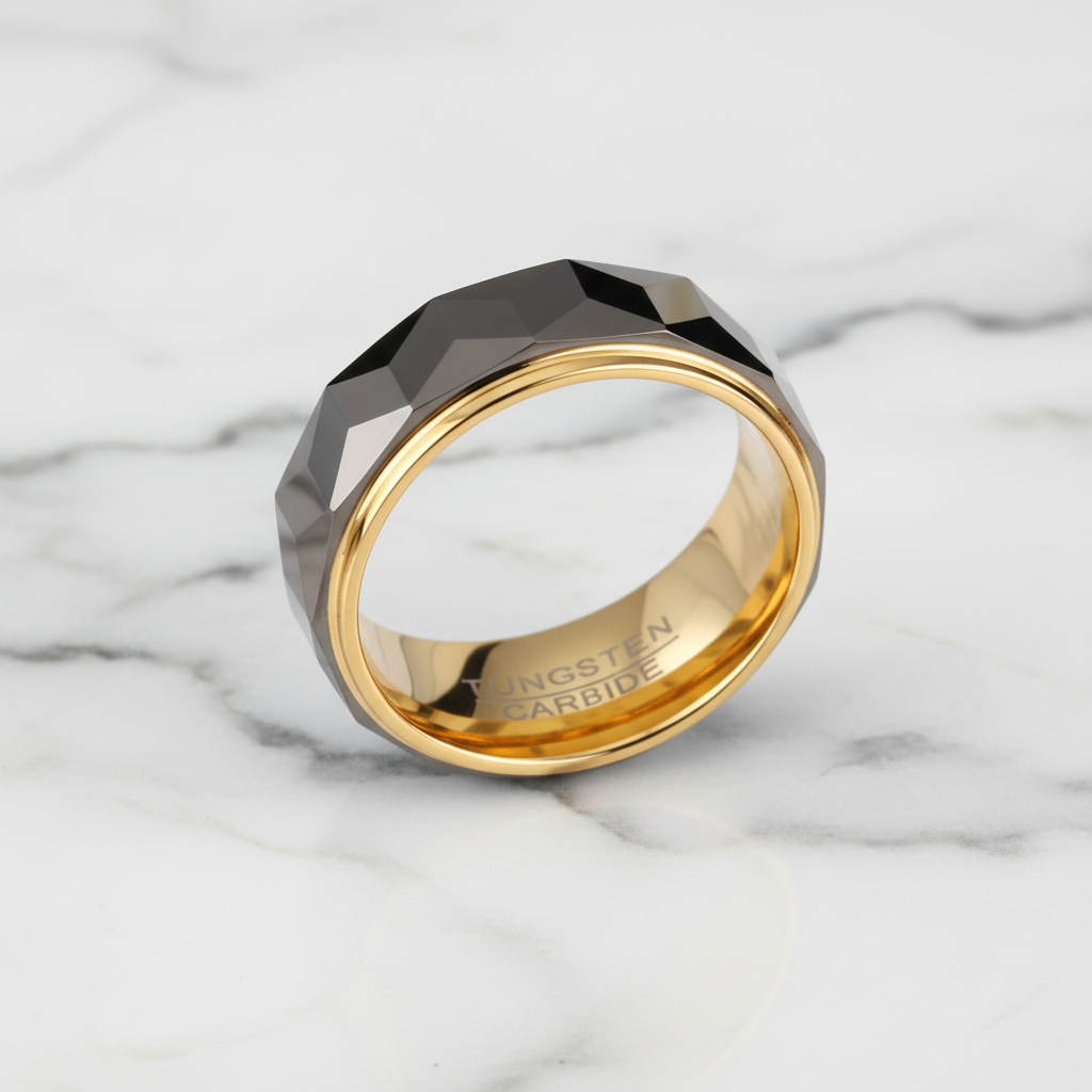 Men's Wedding Band 8mm Tungsten Carbide Gold and Gray-Black Diamonds New York