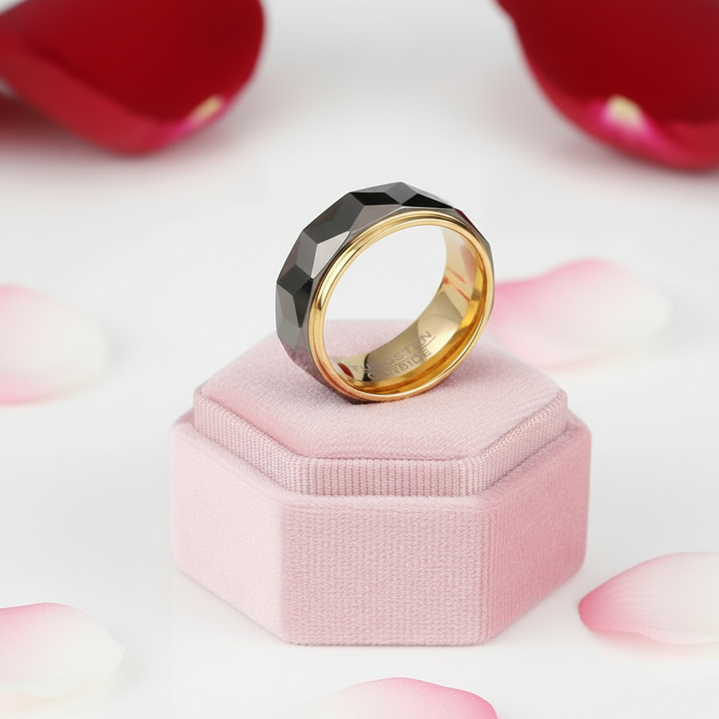 Men's Wedding Band 8mm Tungsten Carbide Gold and Gray-Black Diamonds New York