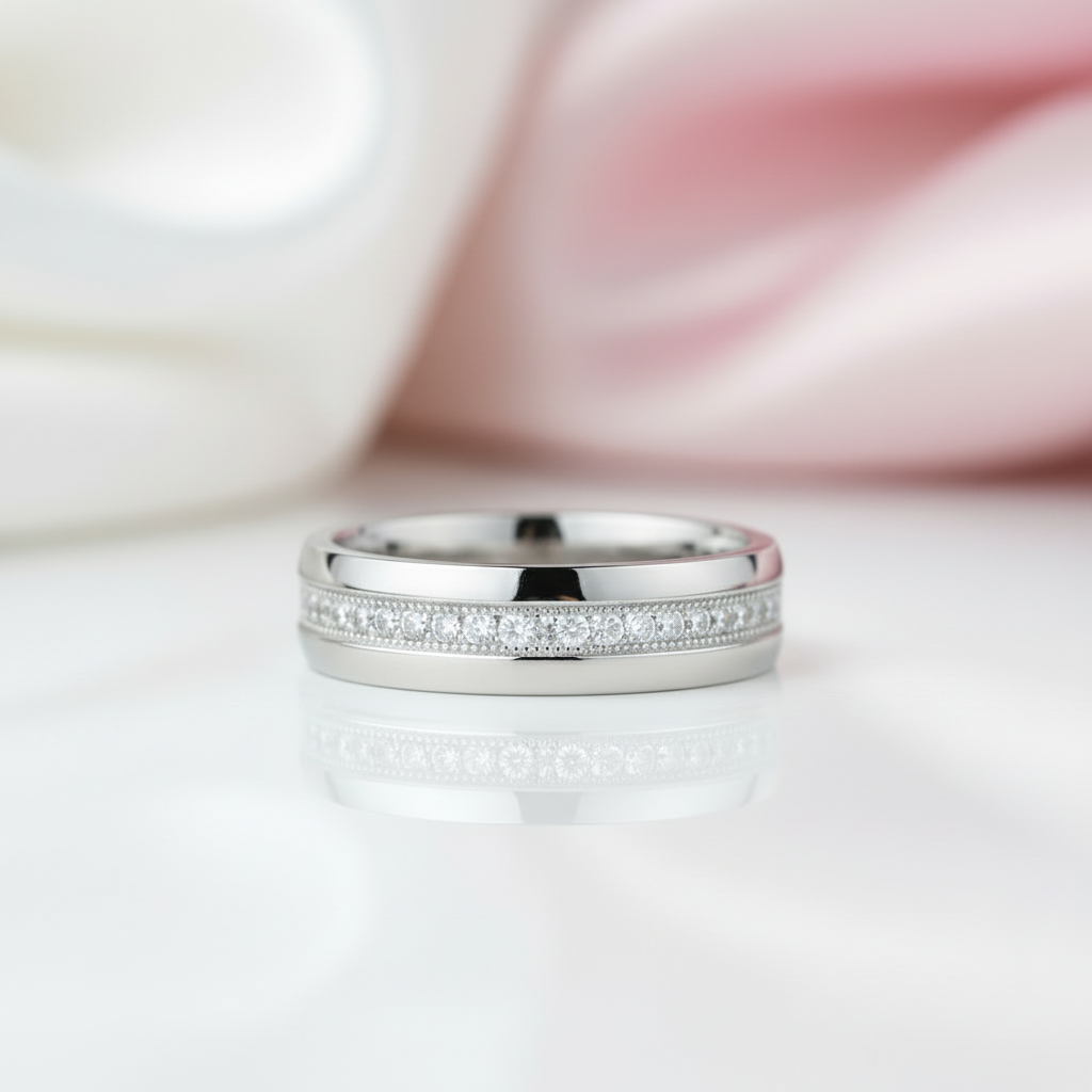 Silver ring with small diamonds on a white background