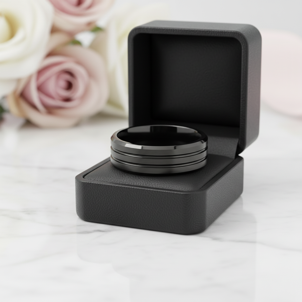 Men's Wedding Band Matte Black Tungsten Carbide-Black Diamonds New York