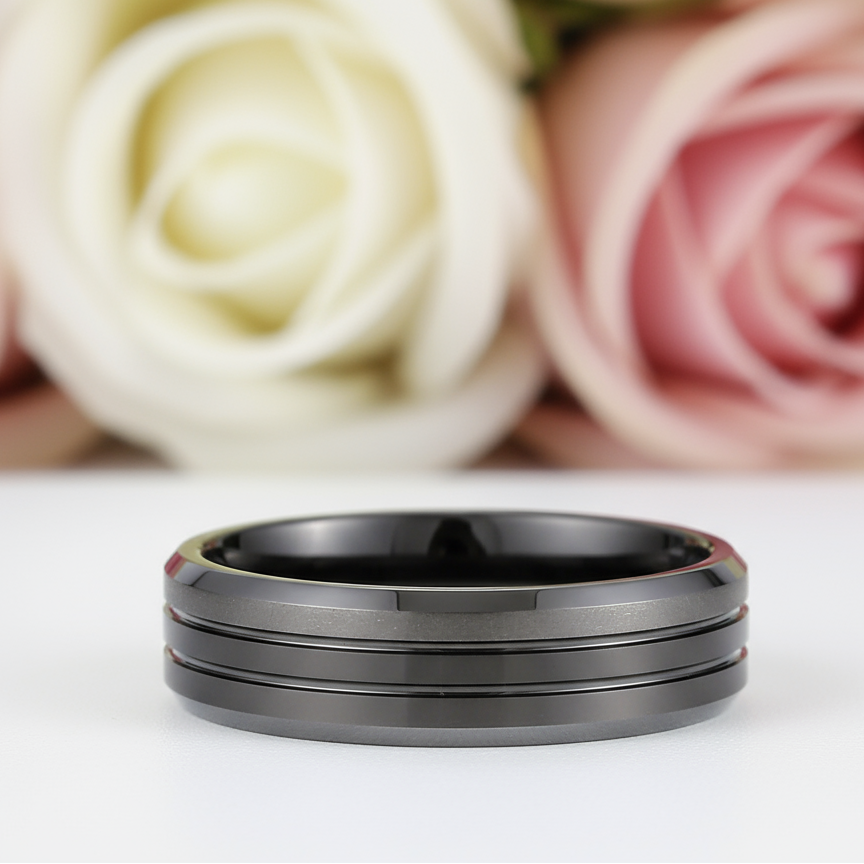 Men's Wedding Band Matte Black Tungsten Carbide-Black Diamonds New York