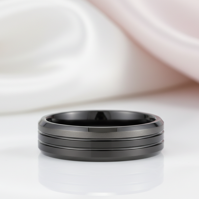 Men's Wedding Band Matte Black Tungsten Carbide-Black Diamonds New York