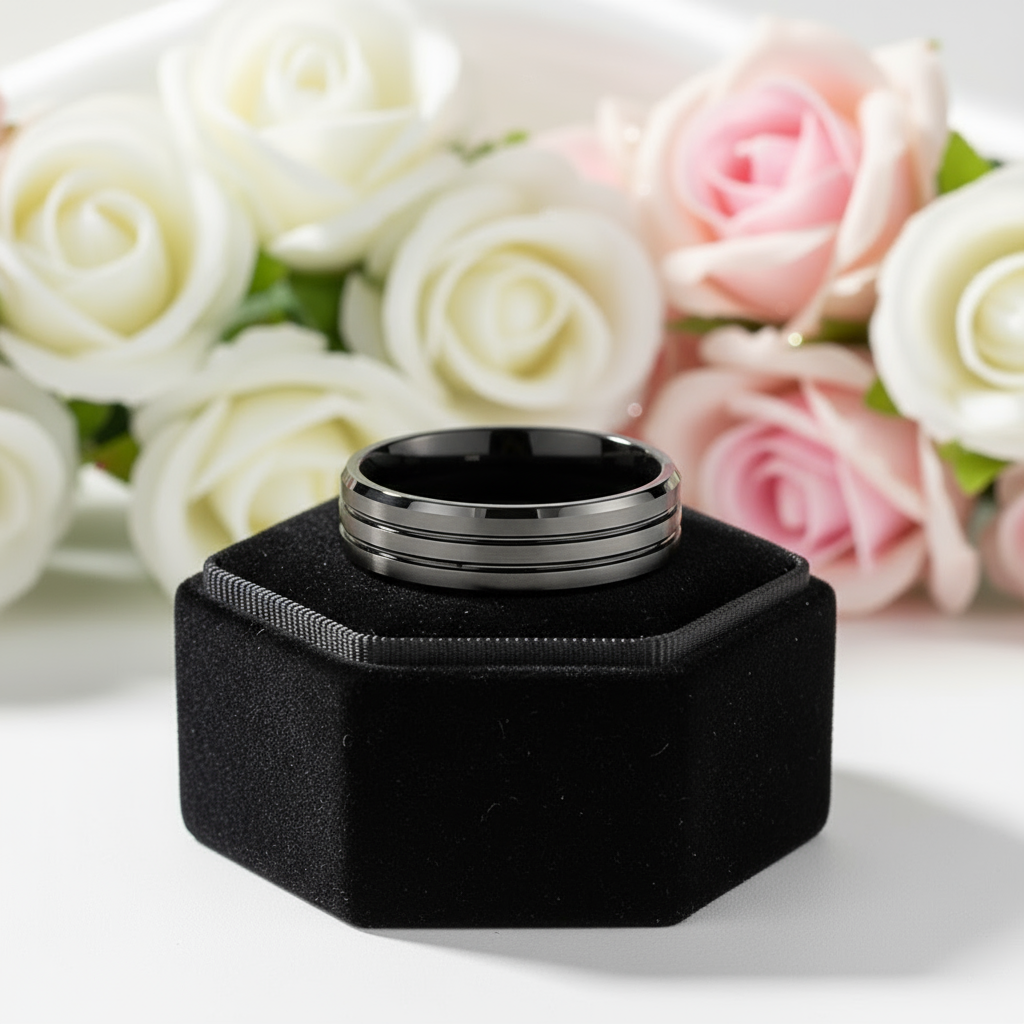 Men's Wedding Band Matte Black Tungsten Carbide-Black Diamonds New York