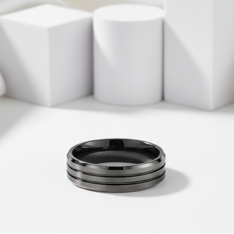 Men's Wedding Band Matte Black Tungsten Carbide-Black Diamonds New York