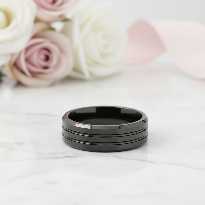 Men's Wedding Band Matte Black Tungsten Carbide-Black Diamonds New York