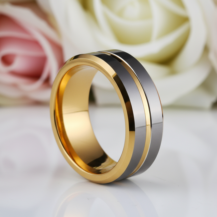 Men's Wedding Band Tungsten Carbide 8mm Golden Gray-Black Diamonds New York