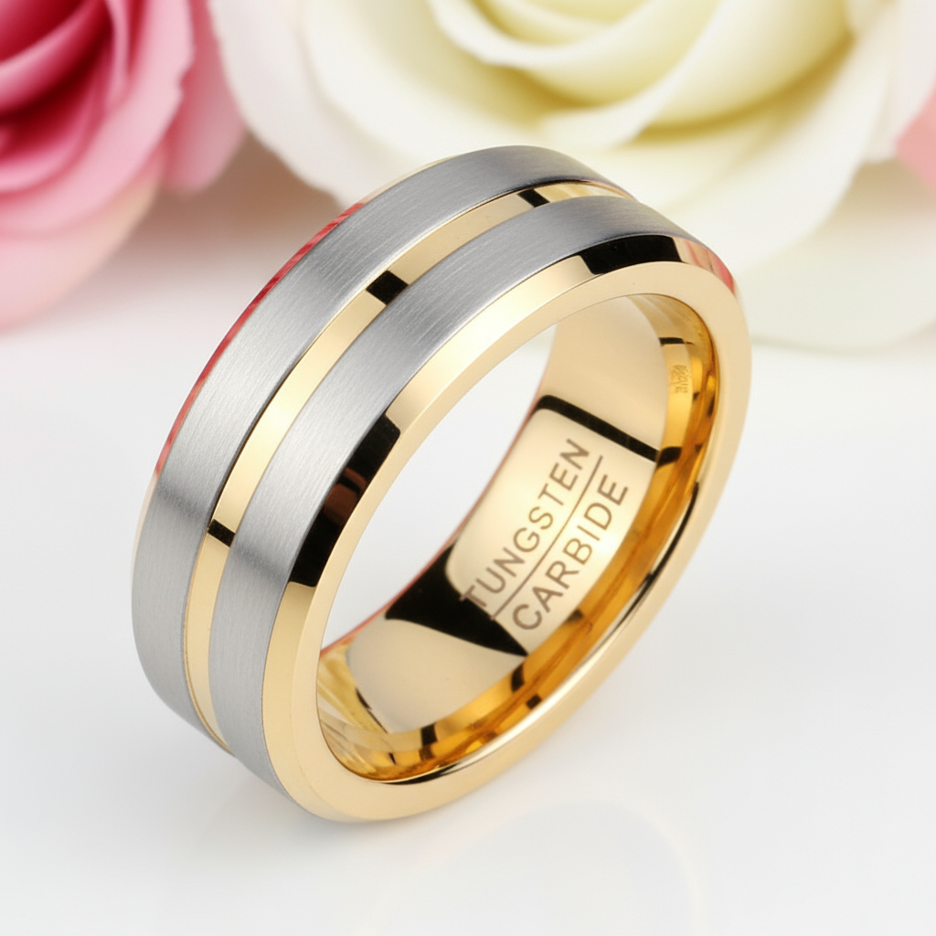 Men's Wedding Band Tungsten Carbide 8mm Golden Gray-Black Diamonds New York