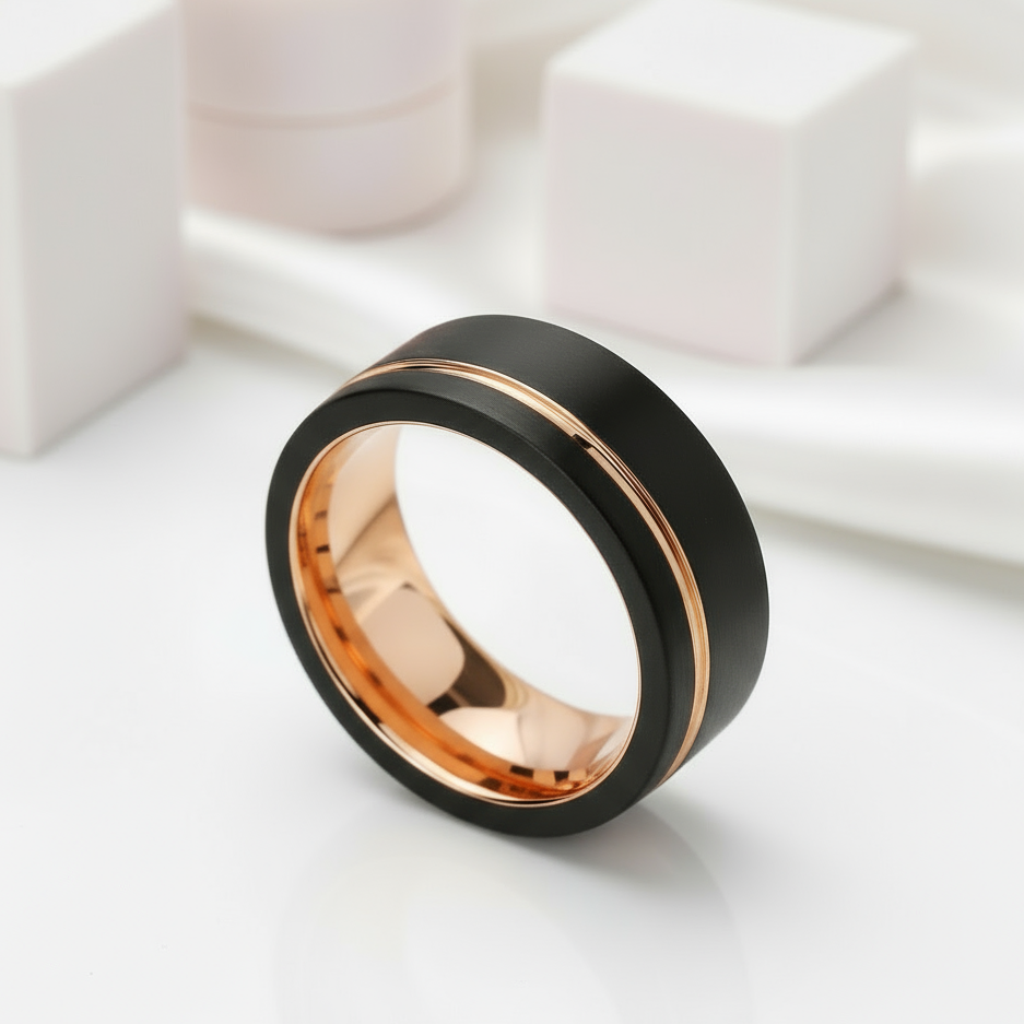 Men's Wedding Band Tungsten Carbide Black with Rose Gold Line-Black Diamonds New York