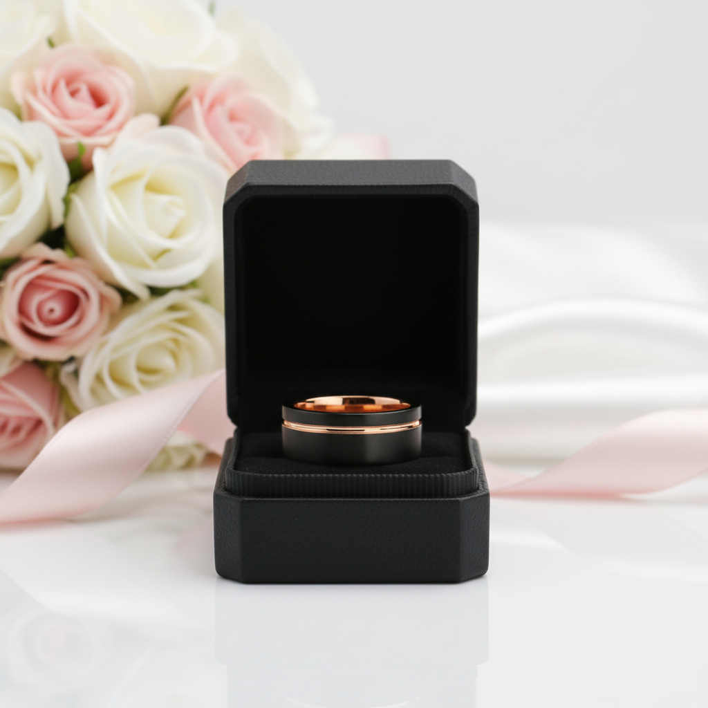 Men's Wedding Band Tungsten Carbide Black with Rose Gold Line-Black Diamonds New York