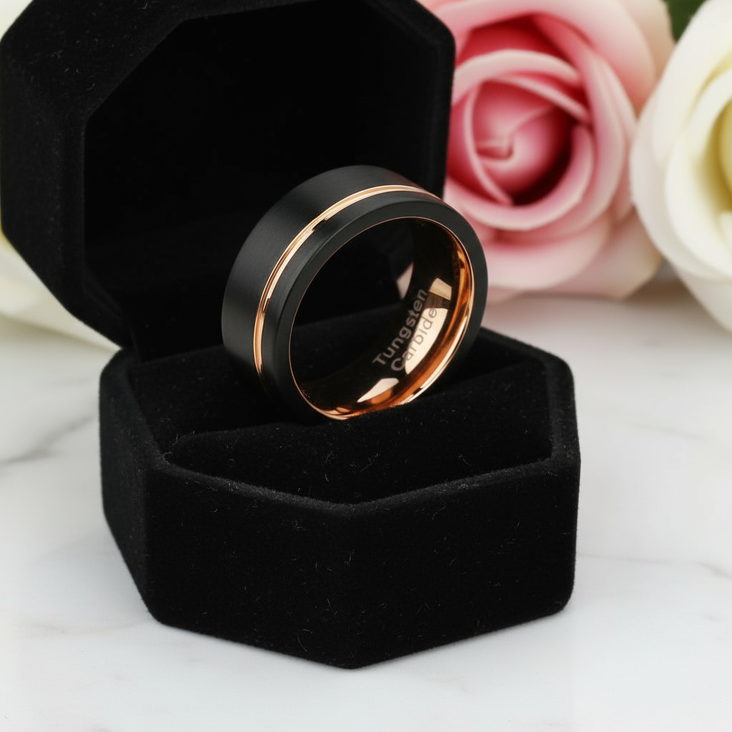 Men's Wedding Band Tungsten Carbide Black with Rose Gold Line-Black Diamonds New York