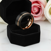 Men's Wedding Band Tungsten Carbide Black with Rose Gold Line-Black Diamonds New York