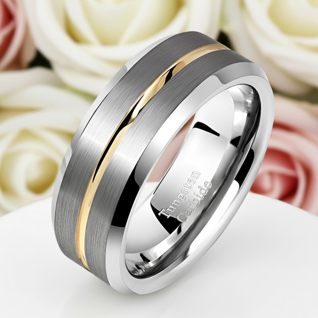 Men's Wedding Band Tungsten Carbide Yellow Line-Black Diamonds New York