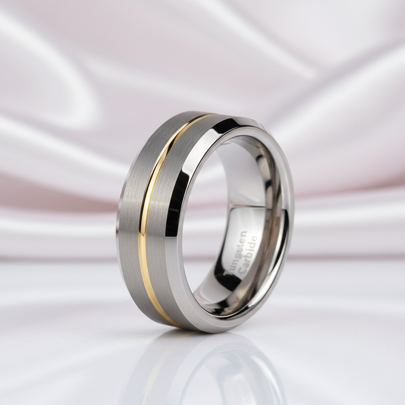 Men's Wedding Band Tungsten Carbide Yellow Line-Black Diamonds New York