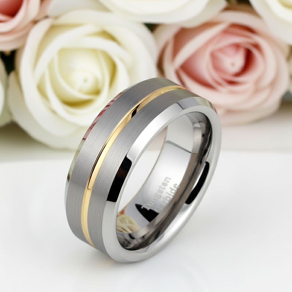 Men's Wedding Band Tungsten Carbide Yellow Line-Black Diamonds New York