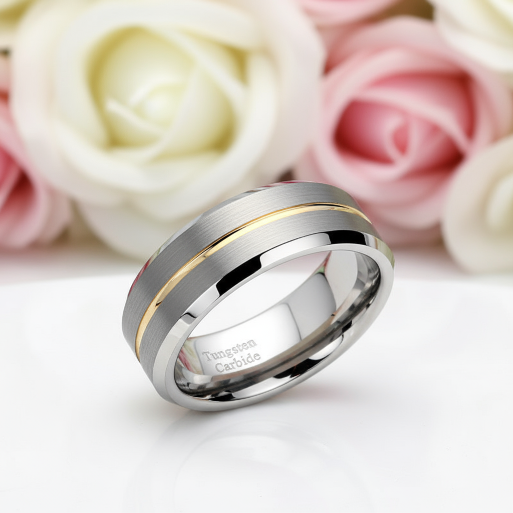 Men's Wedding Band Tungsten Carbide Yellow Line-Black Diamonds New York