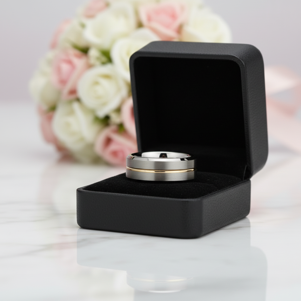 Men's Wedding Band Tungsten Carbide Yellow Line-Black Diamonds New York