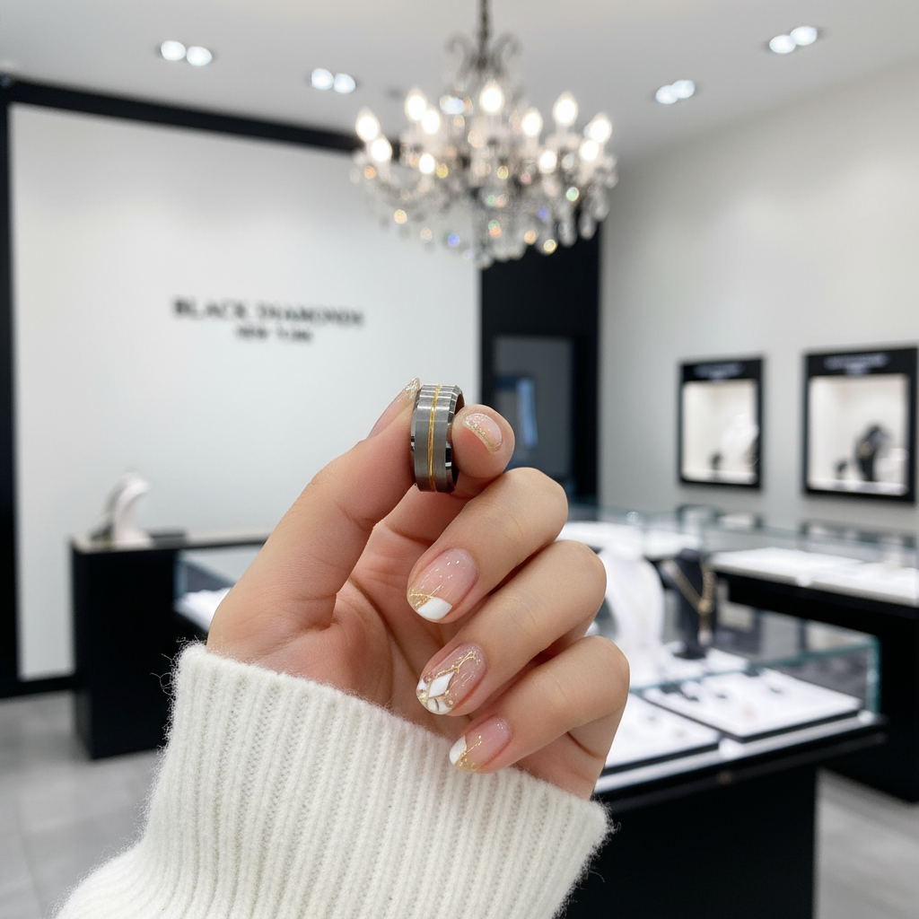 Men's Wedding Band Tungsten Carbide Yellow Line-Black Diamonds New York