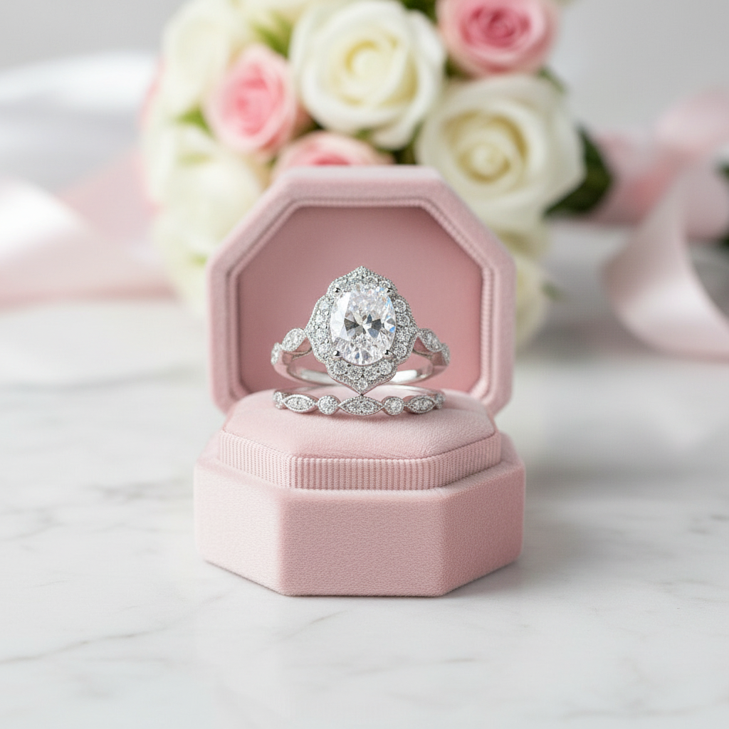 Milgrain Halo Oval Cut Vintage Wedding Set-Black Diamonds New York