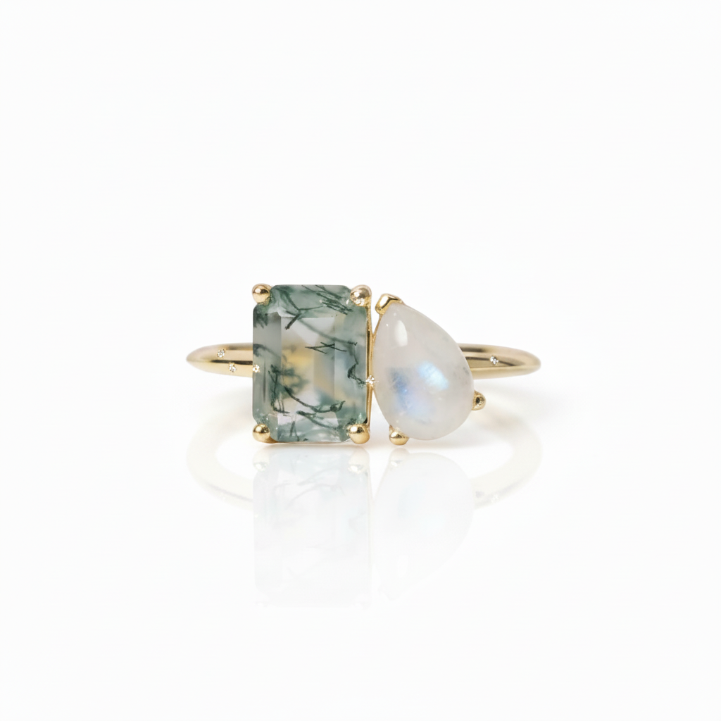 Milky Blue Moonstone Moss Agate Engagement Ring-Black Diamonds New York