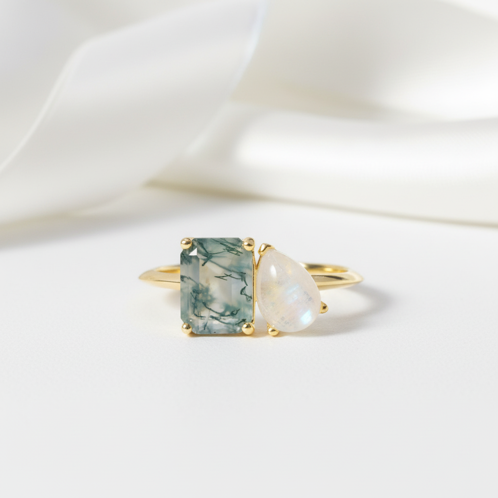 Milky Blue Moonstone Moss Agate Engagement Ring