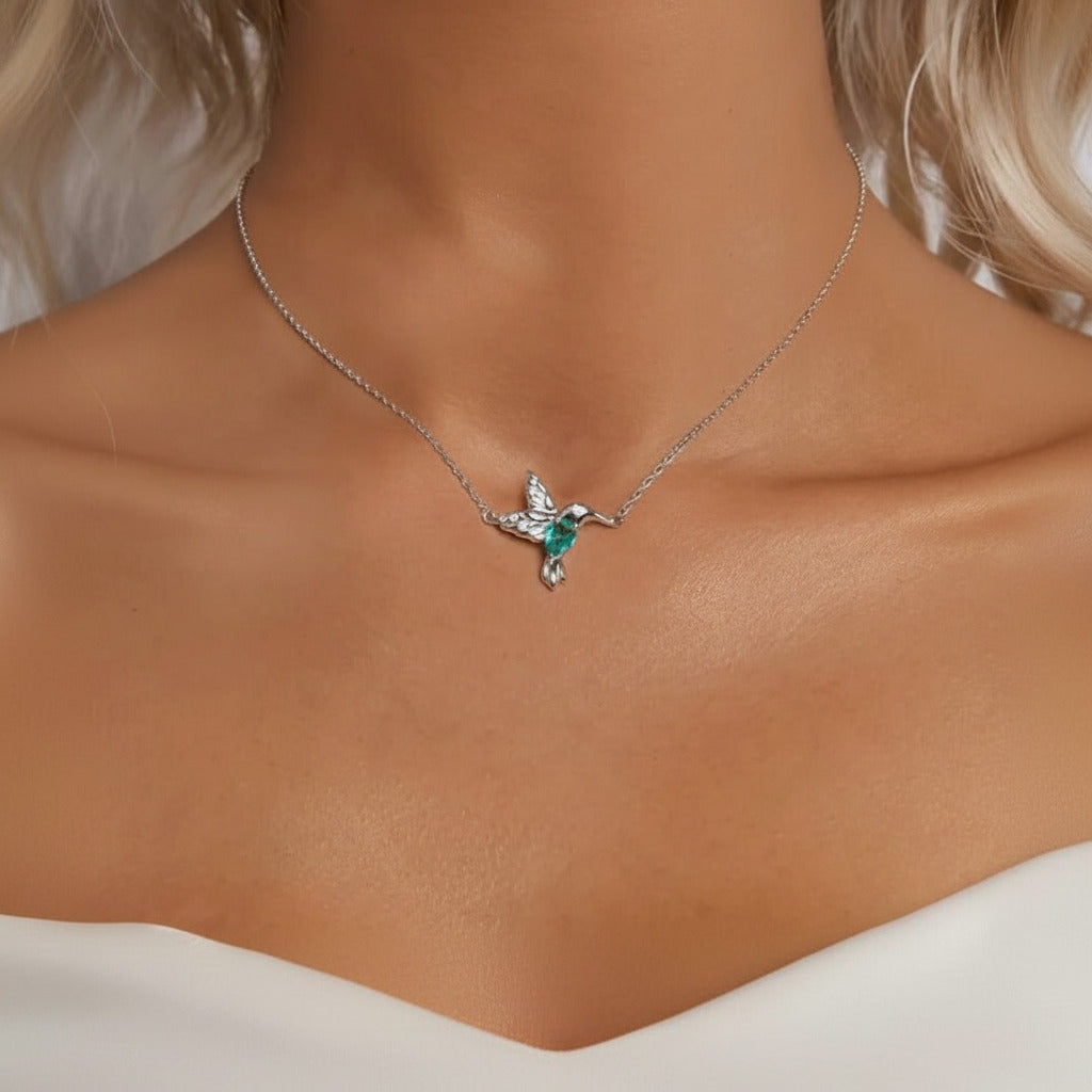 Mint Green Diamond Hummingbird Pendant Necklace-Black Diamonds New York