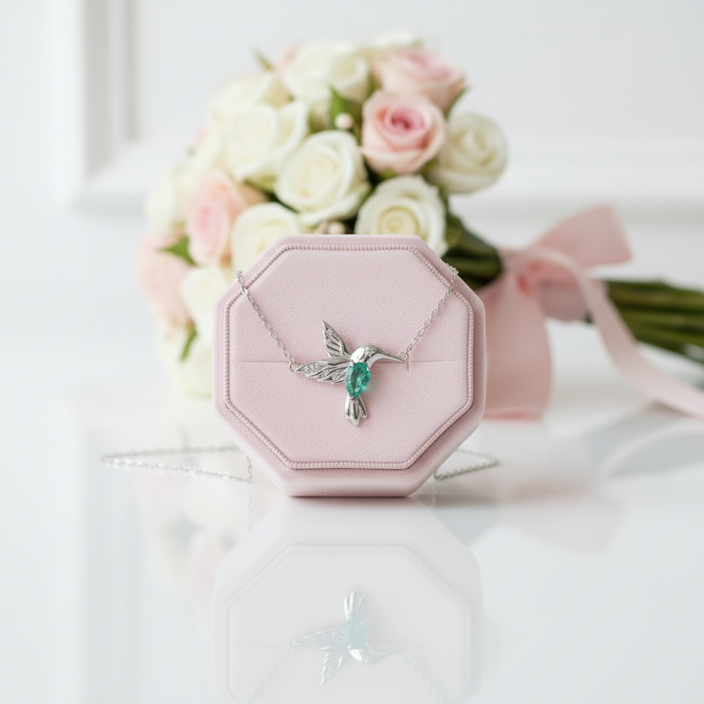 Pink hexagonal jewelry box with a necklace featuring a green emerald and silver pendant, placed on a white surface with flowers in the background.