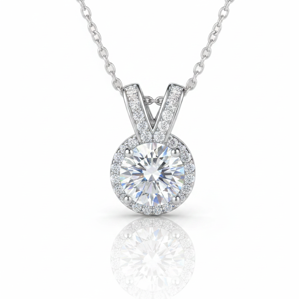 A round-cut diamond pendant necklace with a halo setting and a V-shaped bail, shown on a white background with a soft reflection below.