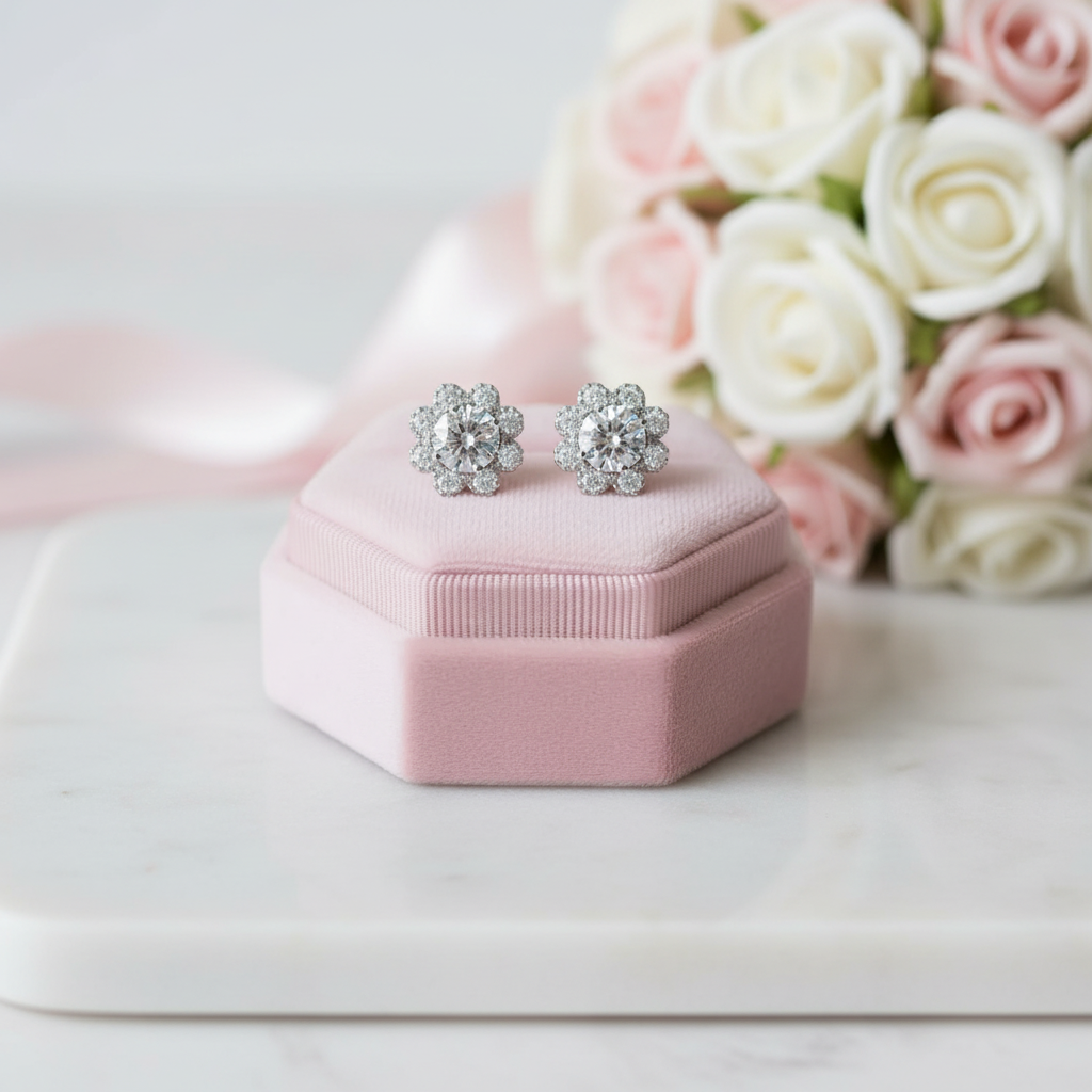 Silver earrings on a pink jewelry box with flowers in the background