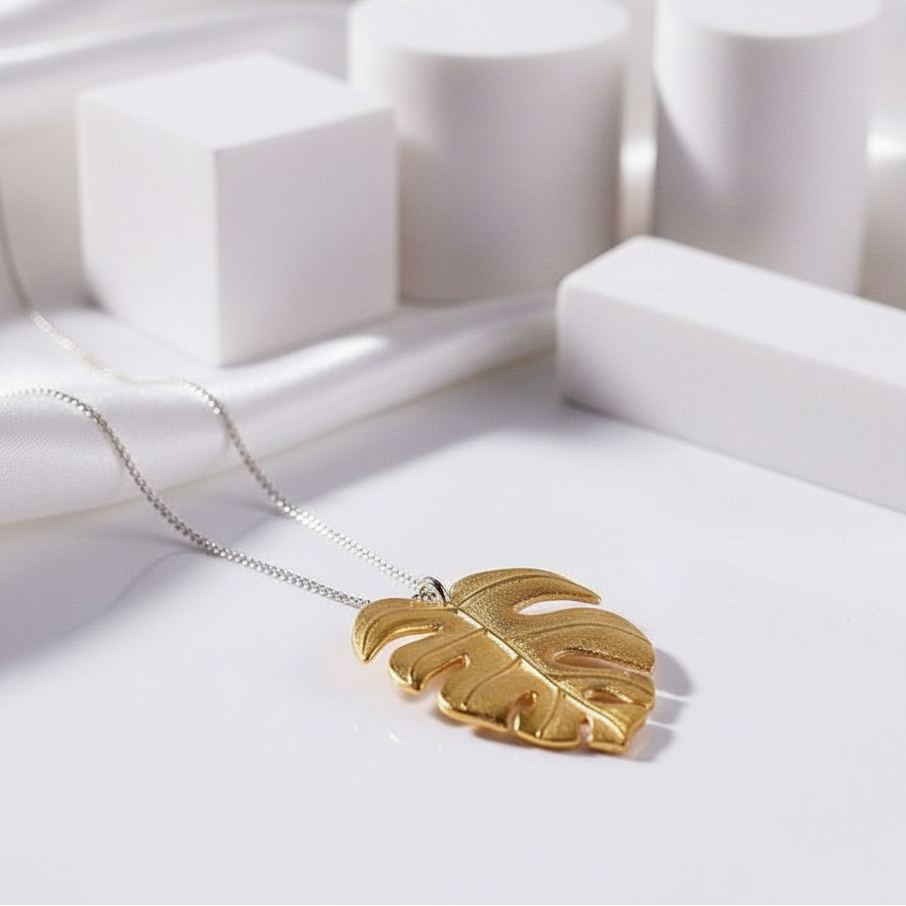 Monstera Leaf Design Necklace-Black Diamonds New York