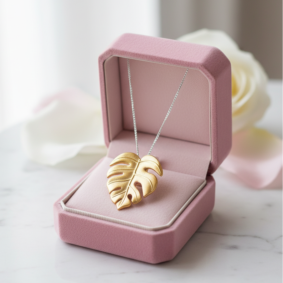 Monstera Leaf Design Necklace-Black Diamonds New York