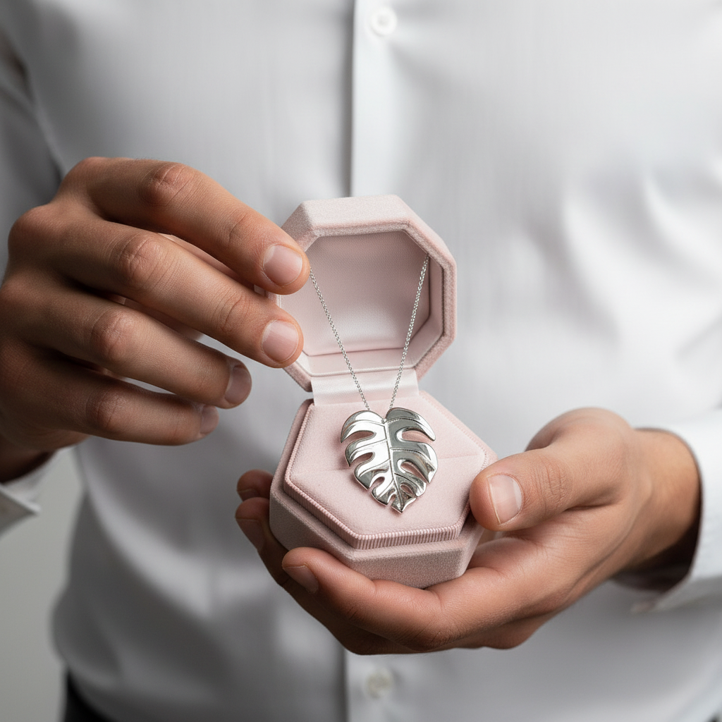 Monstera Leaf Design Necklace-Black Diamonds New York
