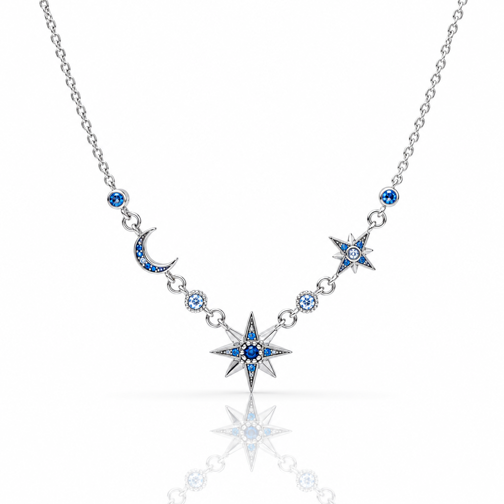 Moon & Star Link Chain Necklace-Black Diamonds New York