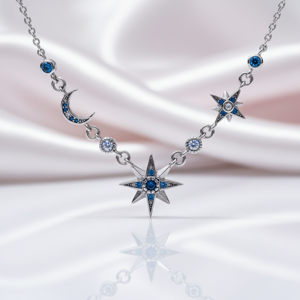 Moon & Star Link Chain Necklace-Black Diamonds New York