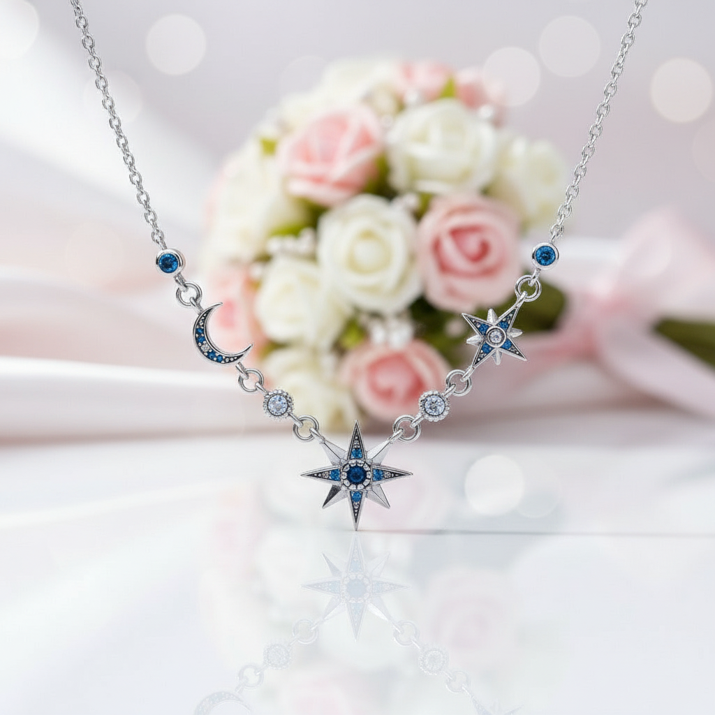 Moon & Star Link Chain Necklace-Black Diamonds New York