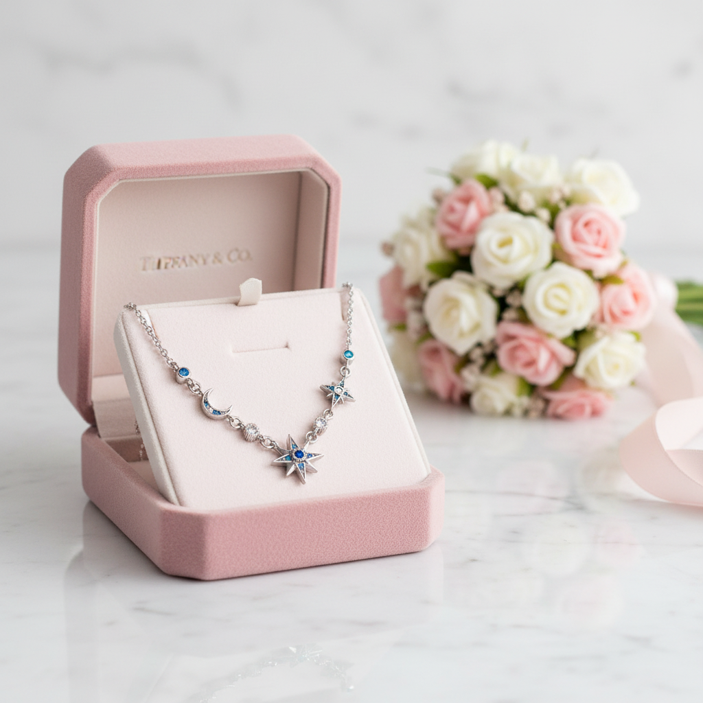 Moon & Star Link Chain Necklace-Black Diamonds New York