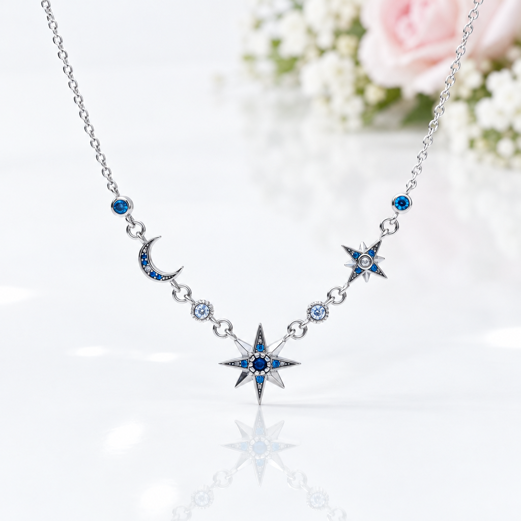Moon & Star Link Chain Necklace-Black Diamonds New York