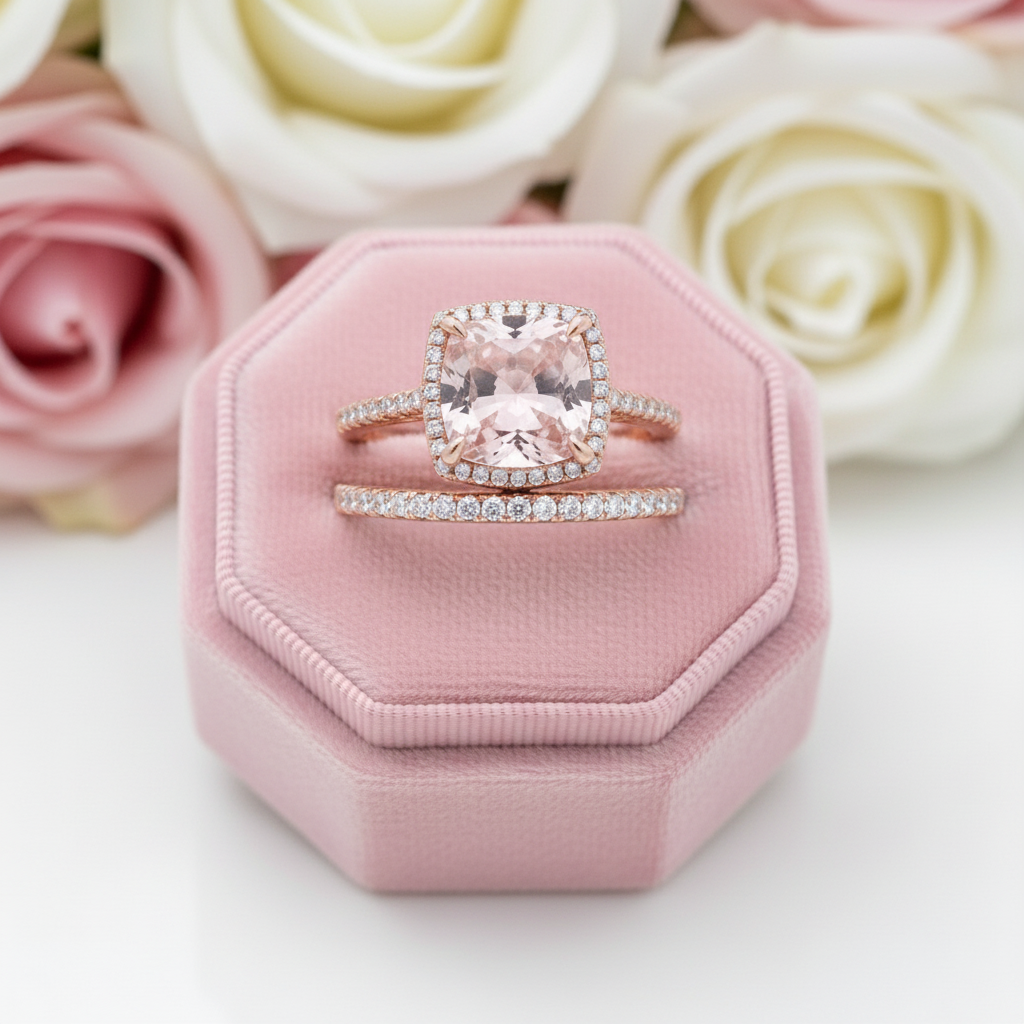 Morganite 5.0 Carat Cushion Cut Wedding Ring Set-Black Diamonds New York