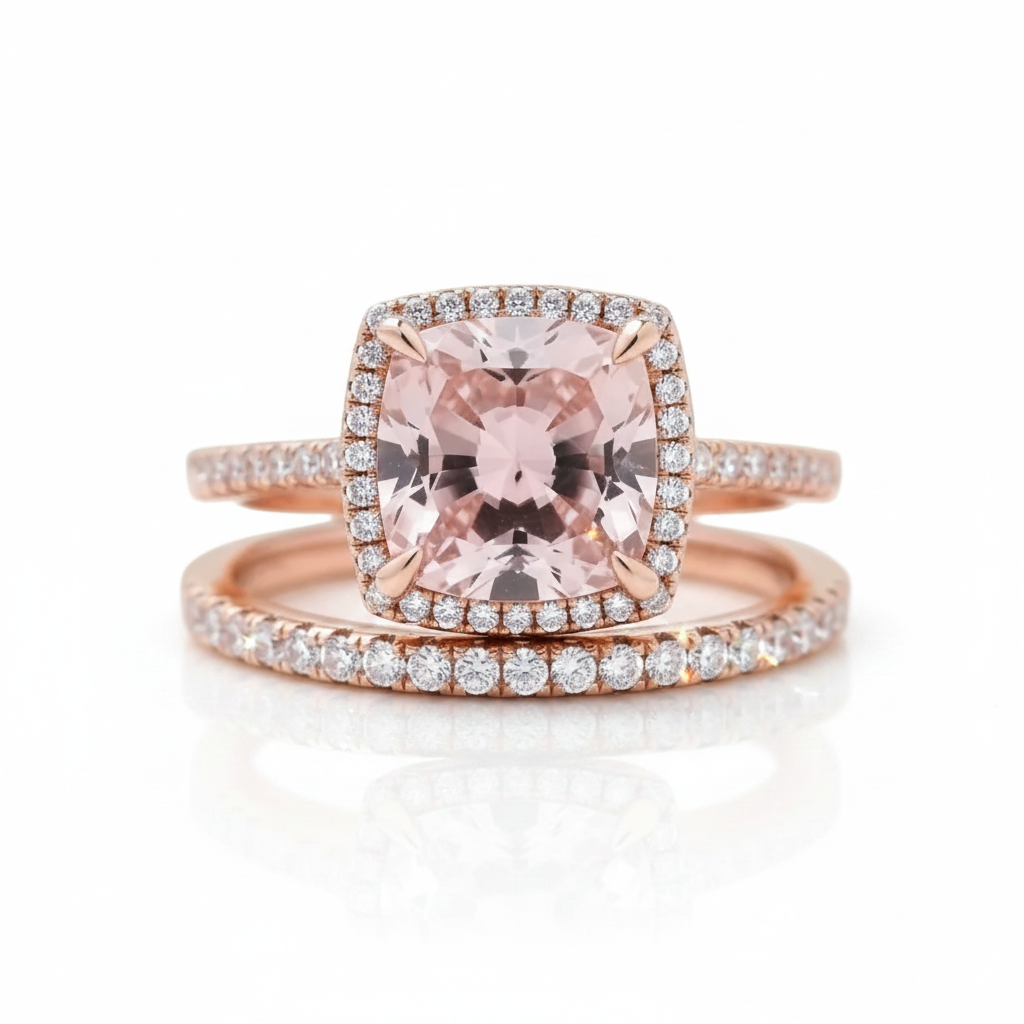 Morganite 5.0 Carat Cushion Cut Wedding Ring Set-Black Diamonds New York