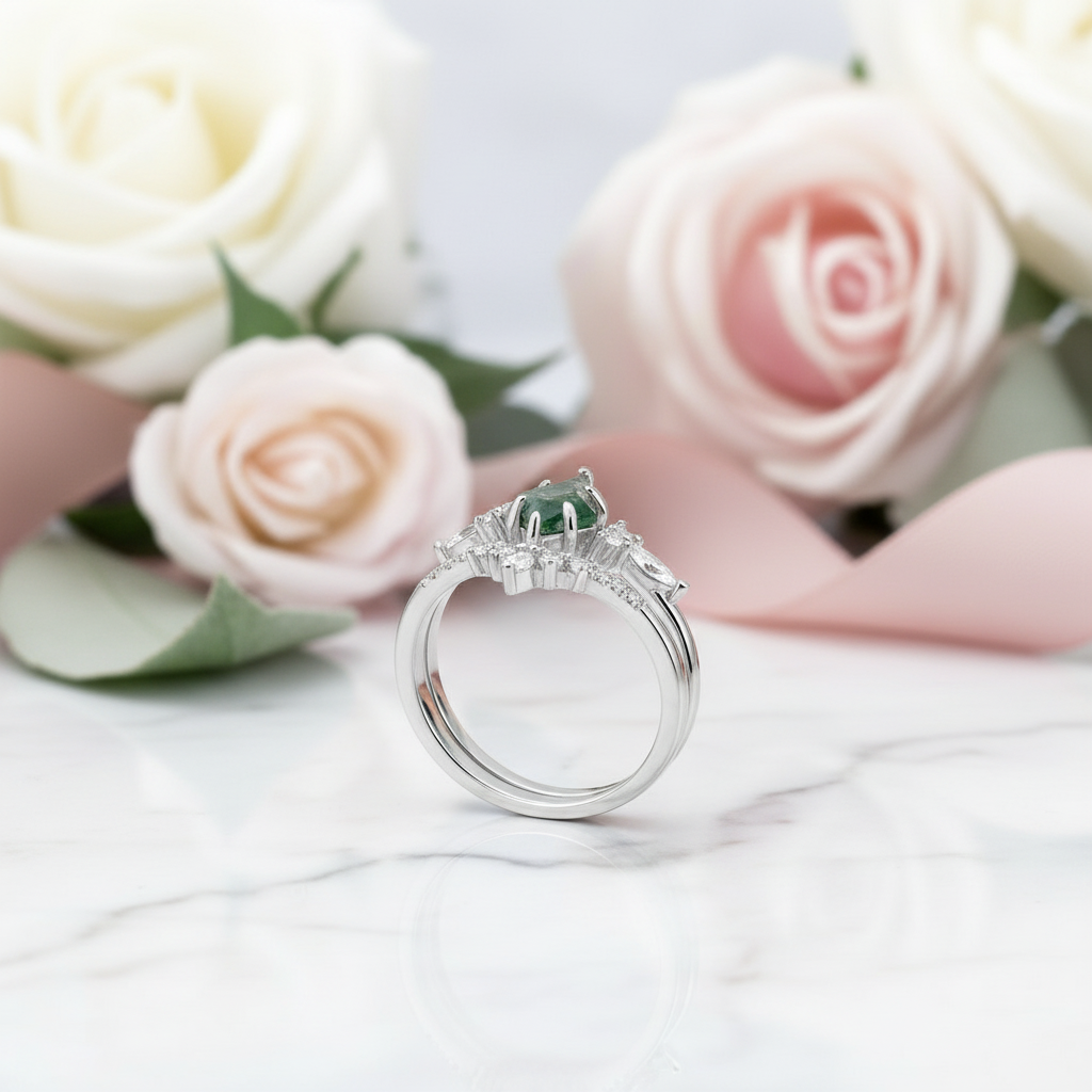 Kite Shaped Green Moss Agate Engagement Ring Set-Black Diamonds New York