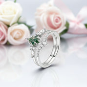 Kite Shaped Green Moss Agate Engagement Ring Set-Black Diamonds New York